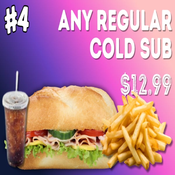 A cold sub sandwich with lettuce, tomato, cucumber, and deli meat, with fries and a soda.