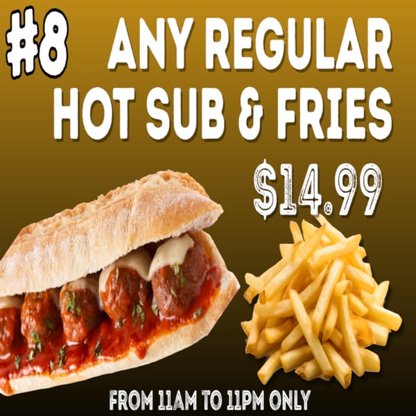 A meatball sub with melted cheese and sauce, next to a pile of golden french fries.
