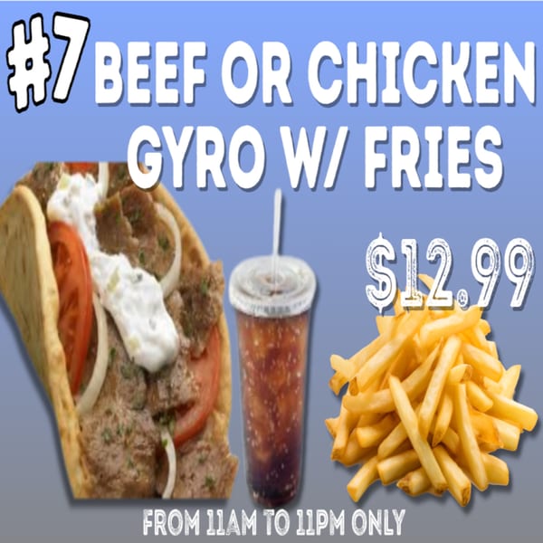Beef or chicken gyro with tomatoes, onions, sauce, a side of fries, and a drink.