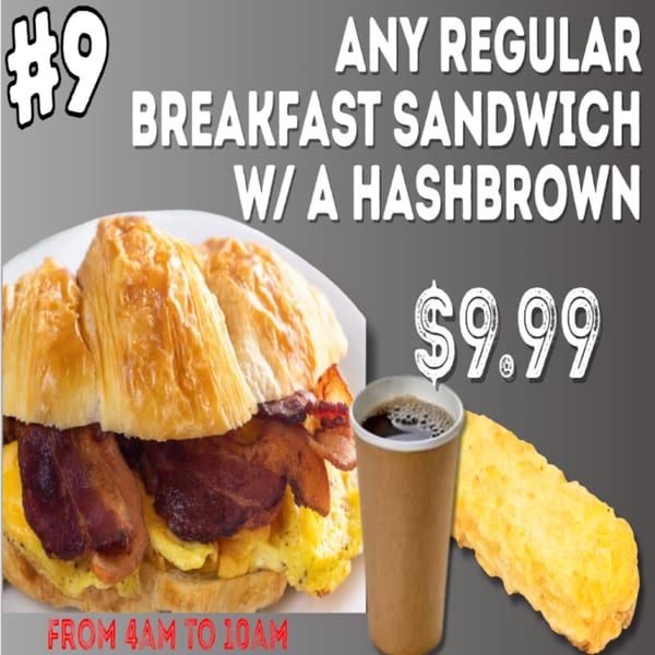 Breakfast sandwich with bacon and egg on a croissant, a hashbrown, and a cup of coffee.