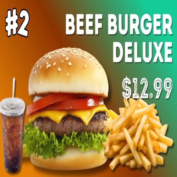 Stella's Beef Burger Deluxe with fries and a drink, priced at $12.99.
