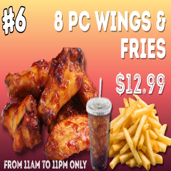 Stella's 24 Hour Eatery's 8-piece wings and fries combo with a drink.